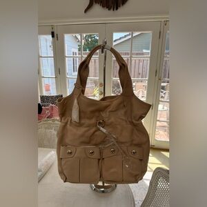 DKNY Tan Leather Shoulder Bag with Front Pocket Detail